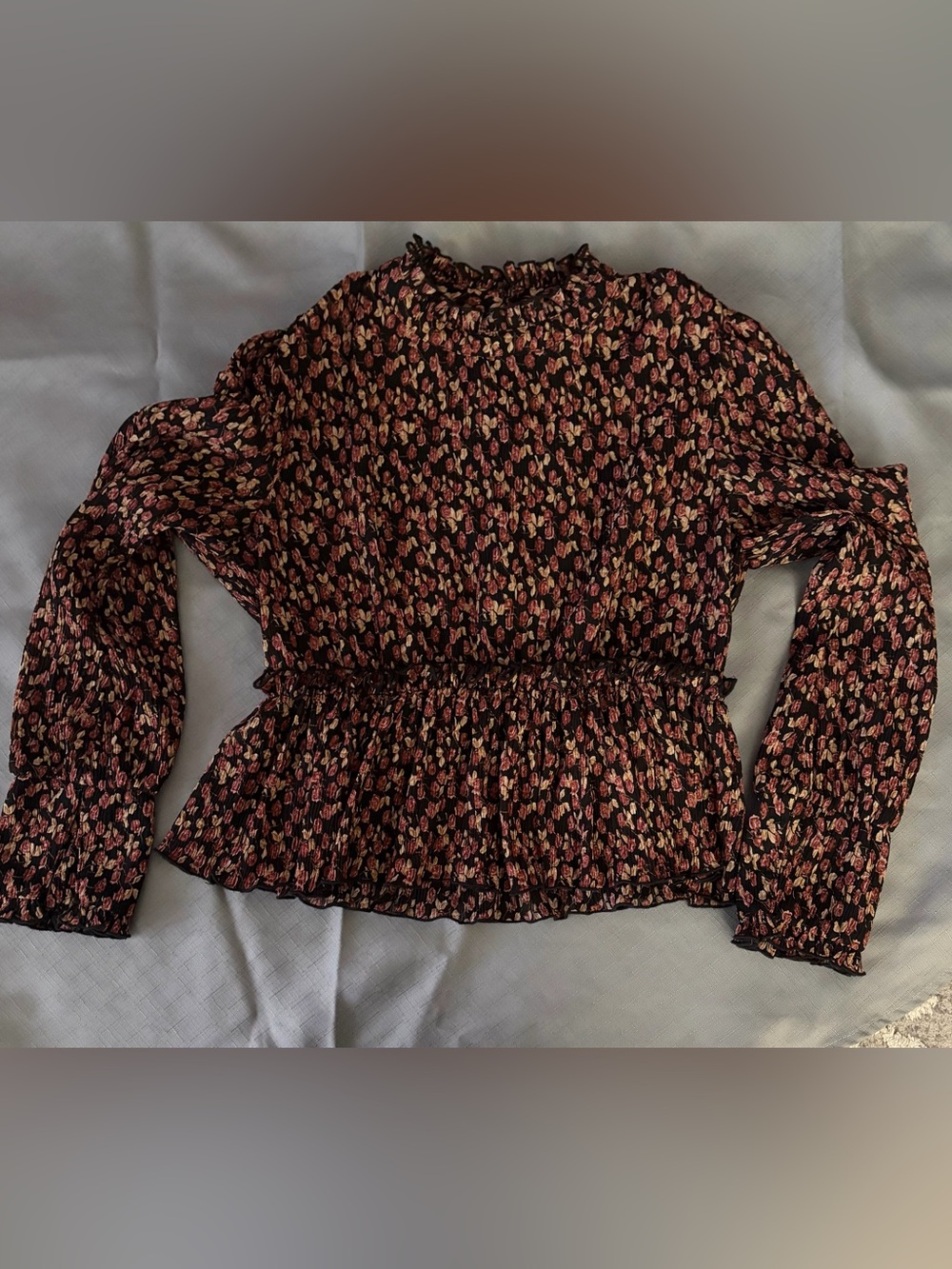 Cistar New York Floral Peplum Blouse Size M Black Pink Long Sleeve Ruffle Neck